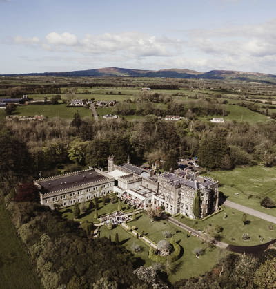 Aerial viwe of the ballyseede country estate castle and hotel in kerry
