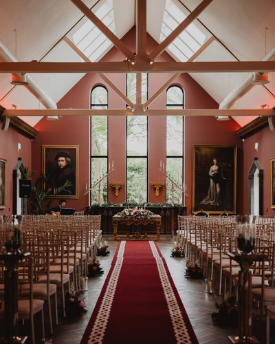 Empty interior shot of the ballyseede castle wedding chapel in ireland