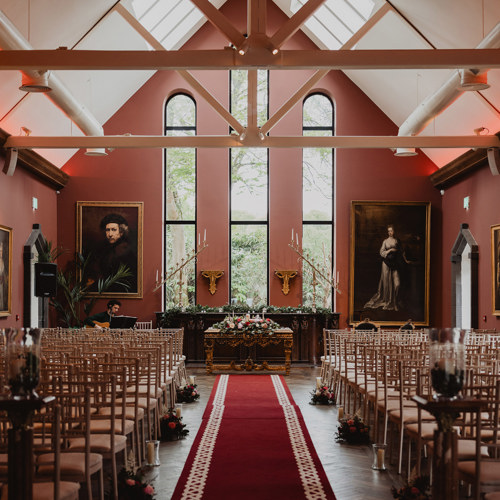 Empty interior shot of the ballyseede castle wedding chapel in ireland